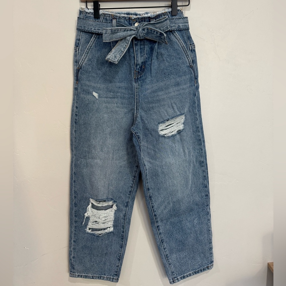 Vervet Tie Waist Distressed Mom Jeans Size‎ 25 High Waisted Cropped Paper Bag